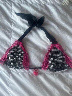 Beach Bunny Black Gingham Triangle Bralette with Hot Pink Lace & Heart Charm